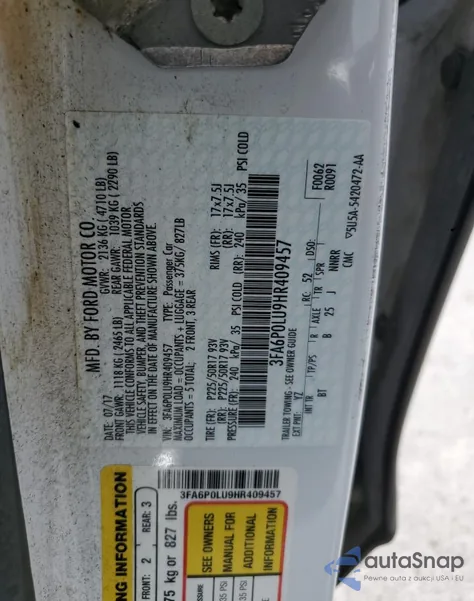 2017 Ford Fusion Se Hybrid из США, поврежденный, VIN 3FA6P0LU9HR409457